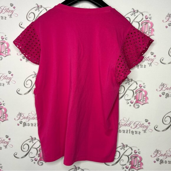 Karl lagerfeld tshirt crochet shoulder detail fuschia pink soft stretchy boho - Picture 5 of 9